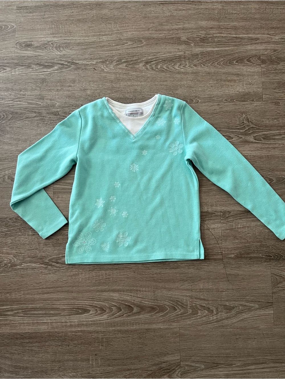 Passports Womens Small Seafoam Green Floral V Neck Layered Knit Sweater Top VNTG